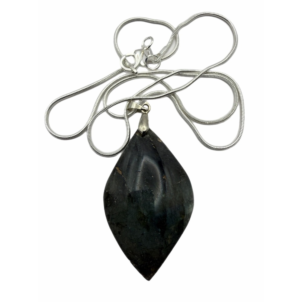Natural Labradorite Stone Pendant Necklace Silver Tone Snake Chain Marquise Cut